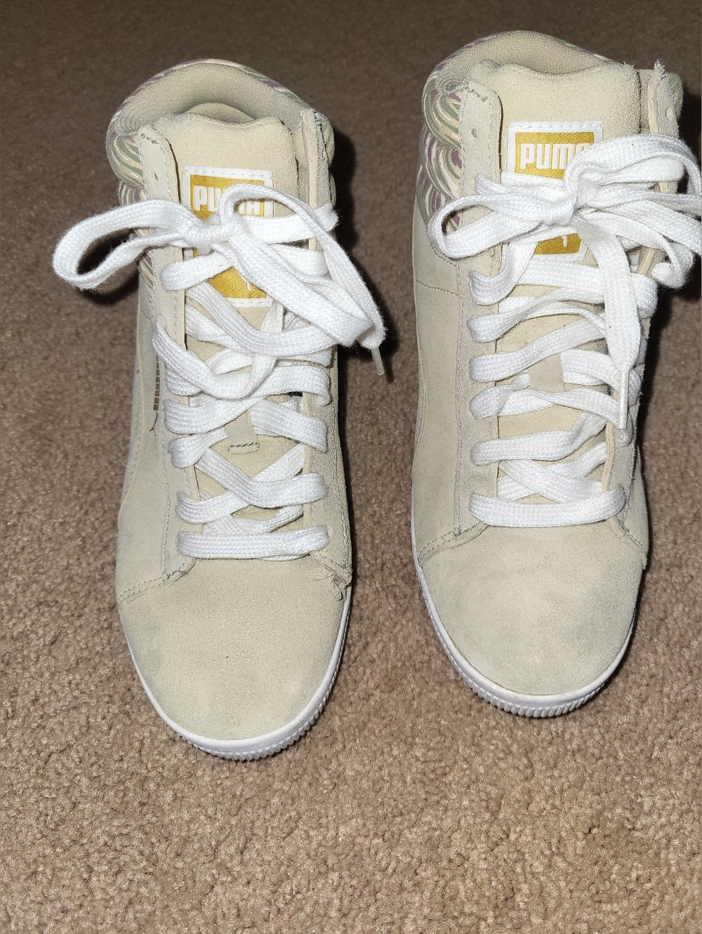 PUMA, Cream Suede Hidden Wedge Sneakers with White Laces